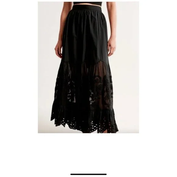 Abercrombie&Fitch Lacey Long Cotton Skirt XL Black WhimsyGoth Western Boho Goth - Picture 2 of 12